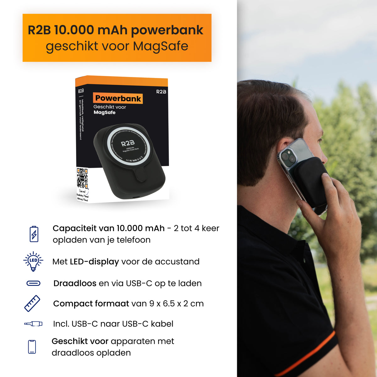 R2B Powerbank 10000 mAh suitable for iPhone 12/13/14/15/16 and Magsafe - USB-C output - 2 to 4 charges - Wireless charger - Black
