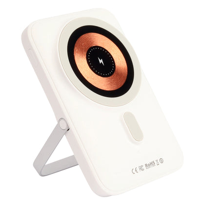 Magsafe powerbank wit met ingebouwde standaard en draadloos oplaadoppervlak.