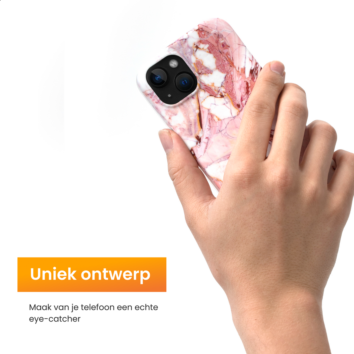 R2B iPhone 14 Marmerlook Hoesje - Incl. Screenprotector - Roze/Wit/Oranje - Telefoonhoesje