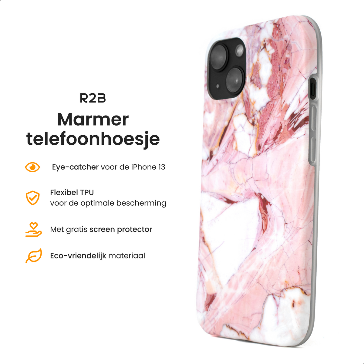 R2B iPhone 14 Marmerlook Hoesje - Incl. Screenprotector - Roze/Wit/Oranje - Telefoonhoesje