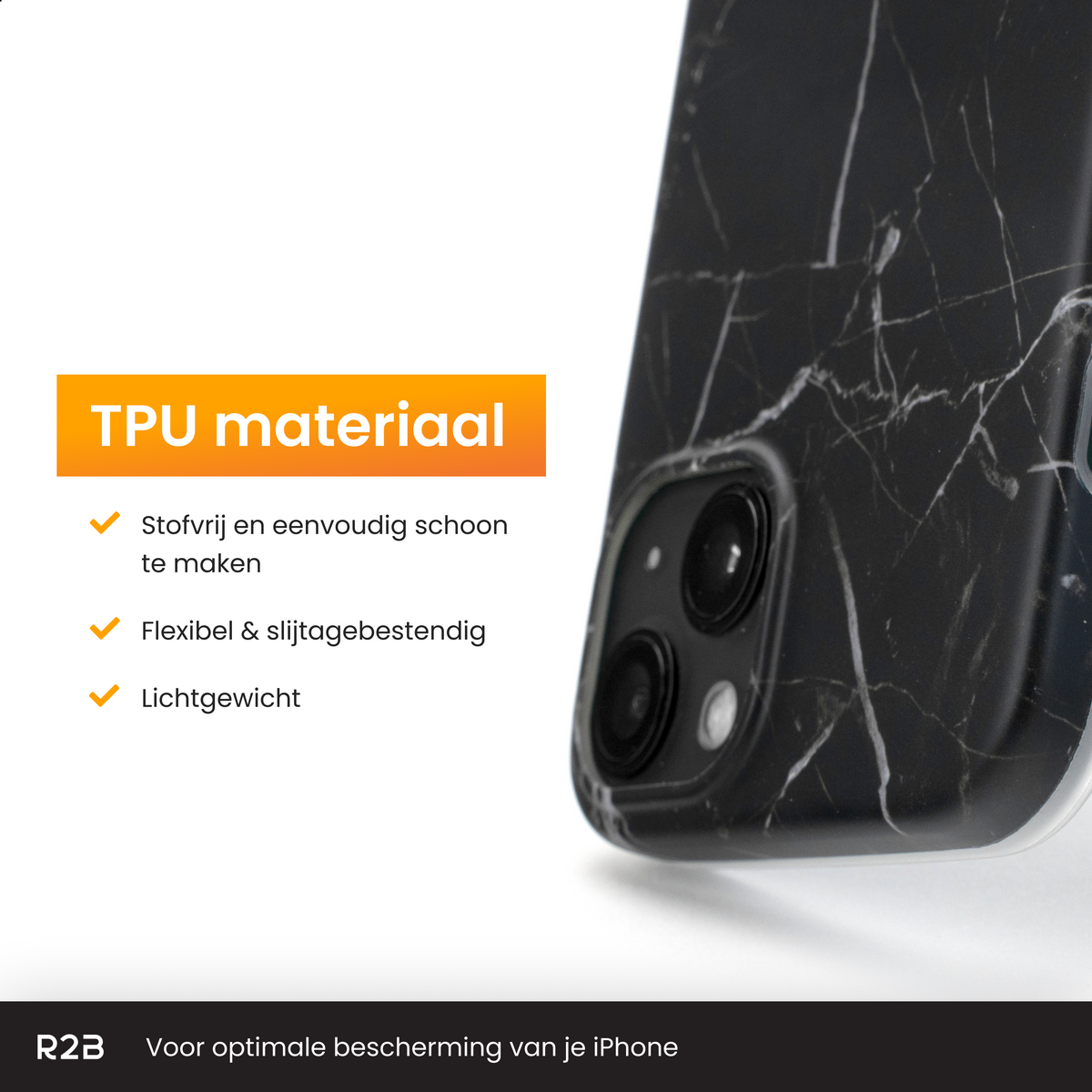 R2B iPhone 15 Marmerlook Hoesje - Incl. Screenprotector - Zwart
