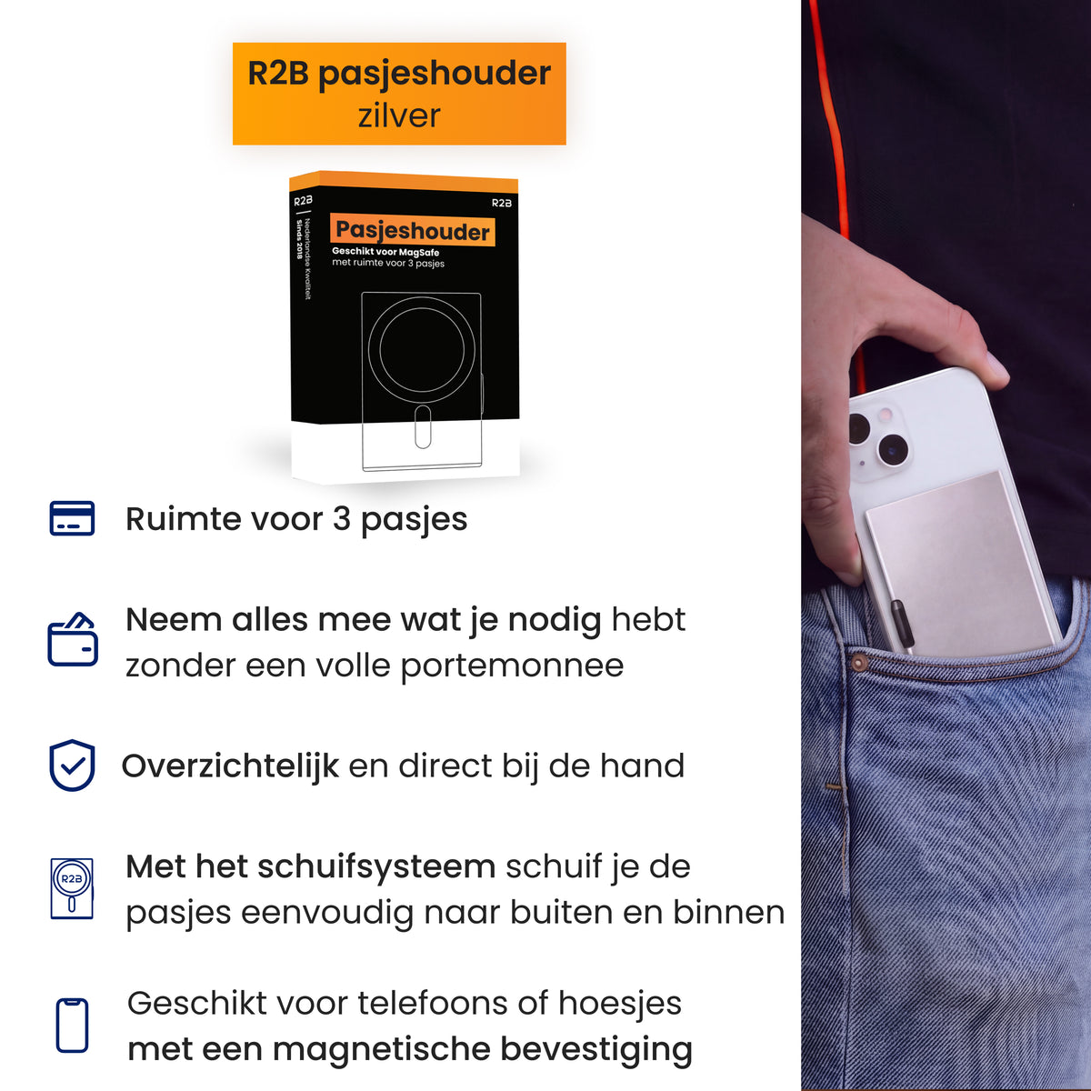 R2B MagSafe Pasjeshouder uitschuifbaar - 3 Pasjes - Wallet Kaarthouder