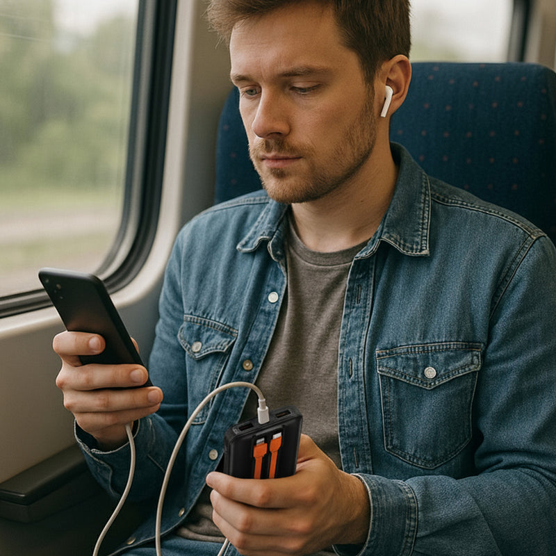 powerbank 10.000 mah die onderweg gebruikt wordt in de trein