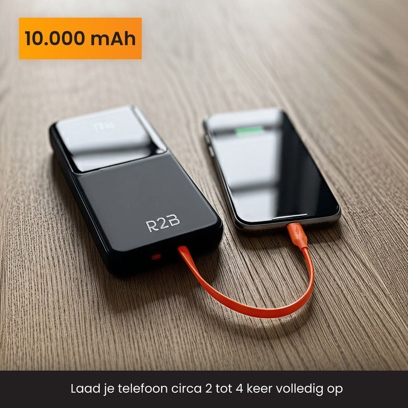 r2b powerbank voorzijde en aangesloten