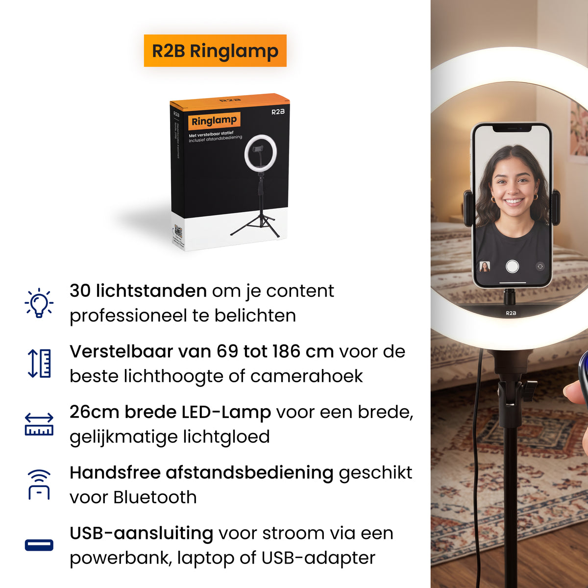 R2B Ringlamp met Statief met 30 Lichtstanden - Verstelbaar tot 186 cm  - TikTok Lamp
