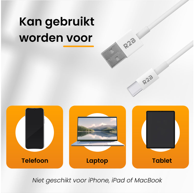 R2B USB-A naar USB-C Kabel - 2 Meter - Snelladen - Stevig & Betrouwbaar - Wit