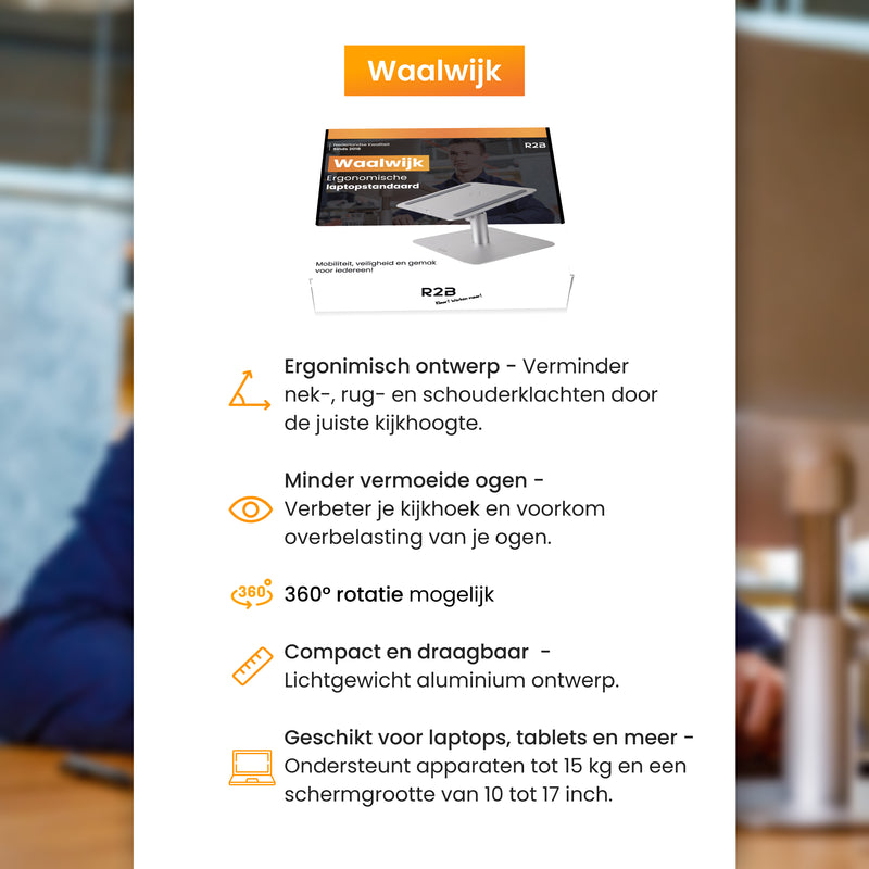 R2B Laptop Standaard - 360° Rotatie & Verhogend - Stevig Aluminium & Ergonomisch – Zilver