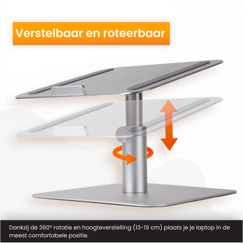 R2B Laptop Standaard - 360° Rotatie & Verhogend - Stevig Aluminium & Ergonomisch – Zilver