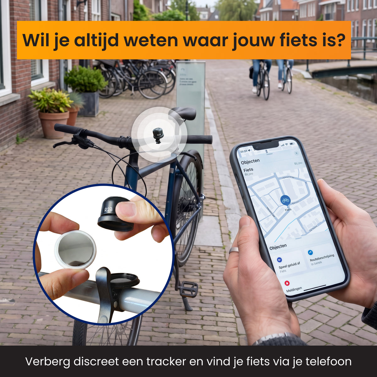 R2B fietsbel met verborgen trackerhouder om de locatie van je fiets via je telefoon te bekijken.