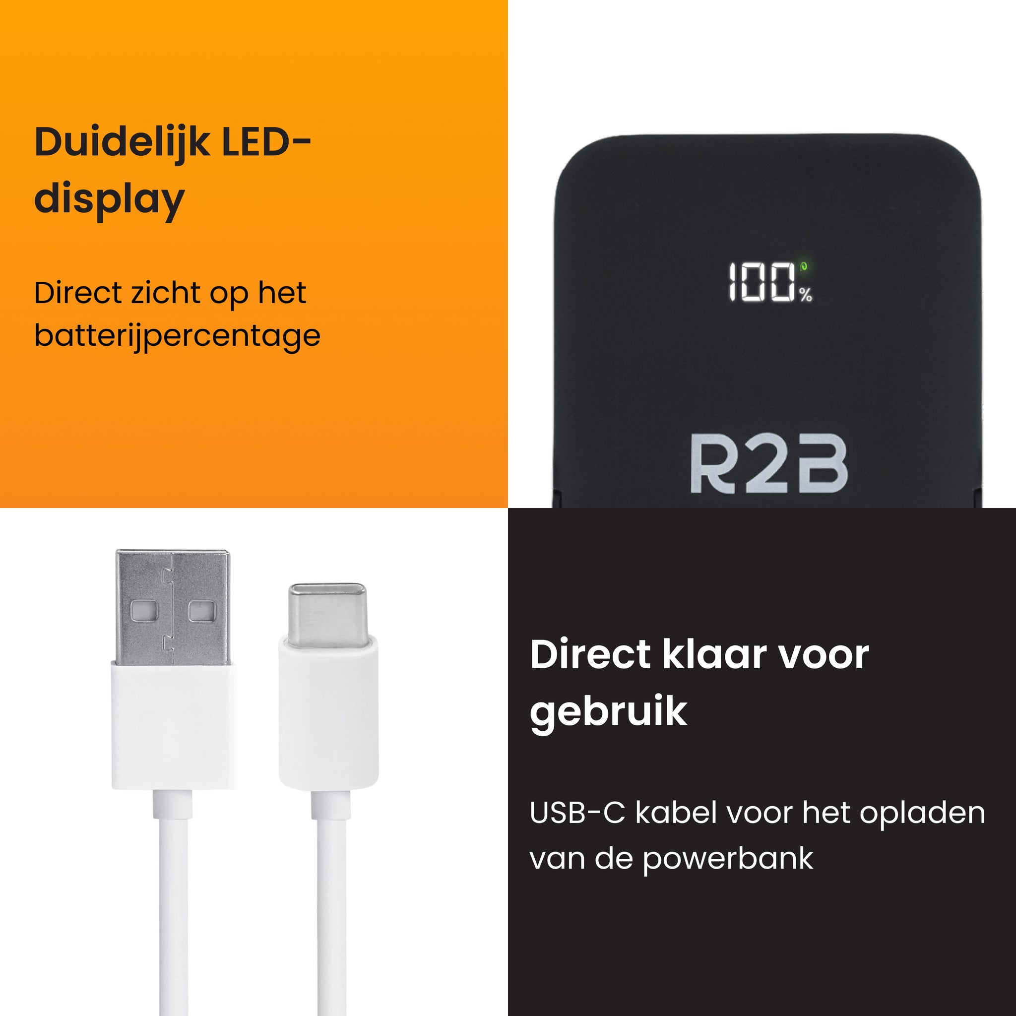 Apple powerbank zwart met LED-display en compact ontwerp.