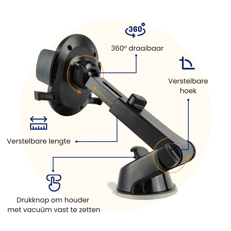 Auto telefoonhouder dashboard met pad van R2B met 360 graden draaibare kop verstelbare lengte en verstelbare hoek met vacuüm bevestiging voor stevig dashboard gebruik