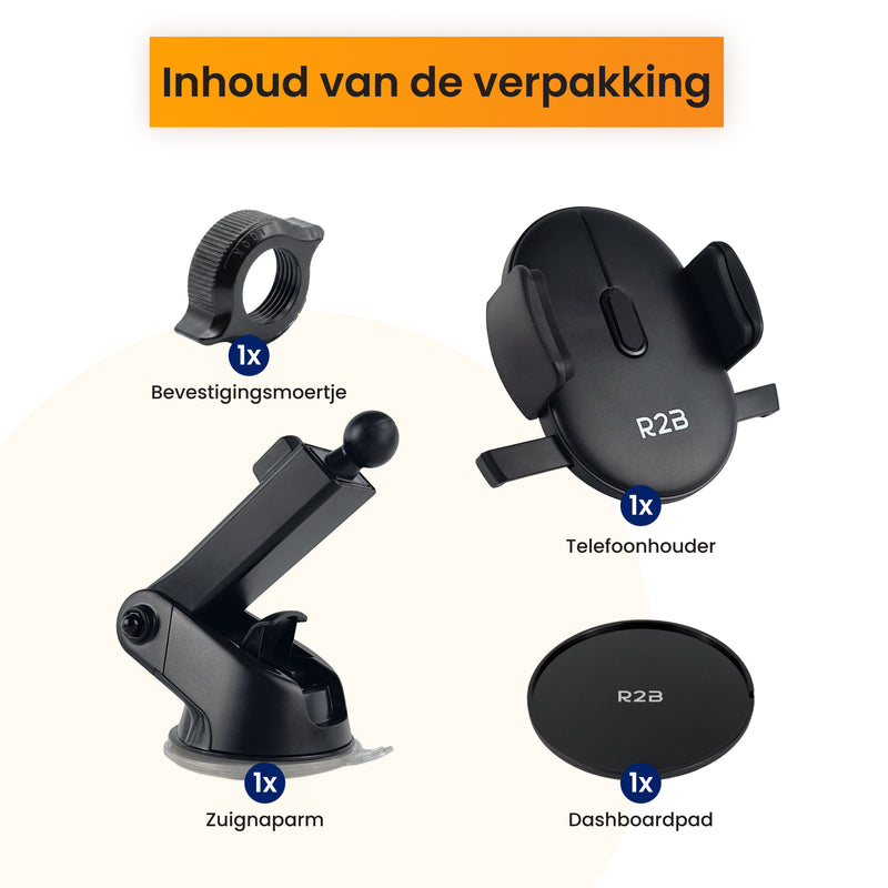 Auto telefoonhouder dashboard met pad van R2B inclusief zuignaparm dashboardpad bevestigingsmoertje en telefoonhouder inhoud van de verpakking overzicht