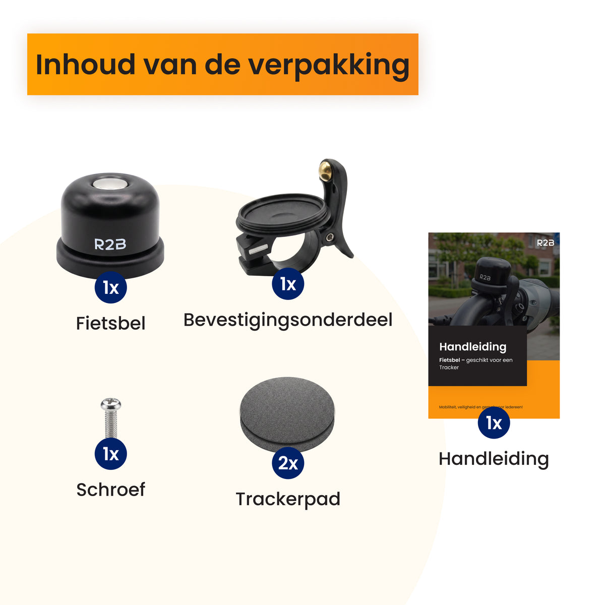 Inhoud van de verpakking: één R2B fietsbel, één bevestigingsonderdeel, één schroef, twee trackerpads en één handleiding.