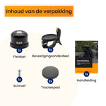 Inhoud van de verpakking: één R2B fietsbel, één bevestigingsonderdeel, één schroef, twee trackerpads en één handleiding.
