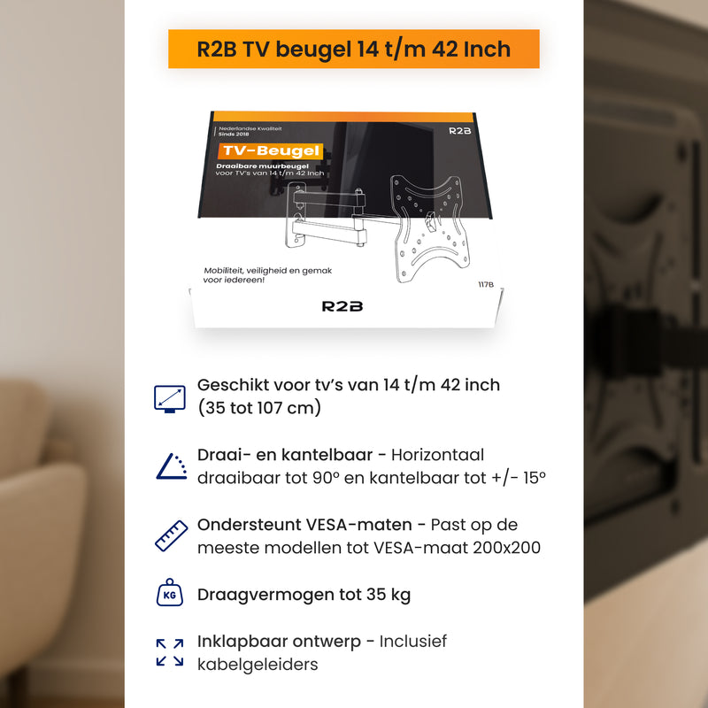 R2B TV Beugel 14 t/m 42 Inch - Draaibaar & Kantelbaar - VESA 200x200 - Stevig & Kabelgeleider