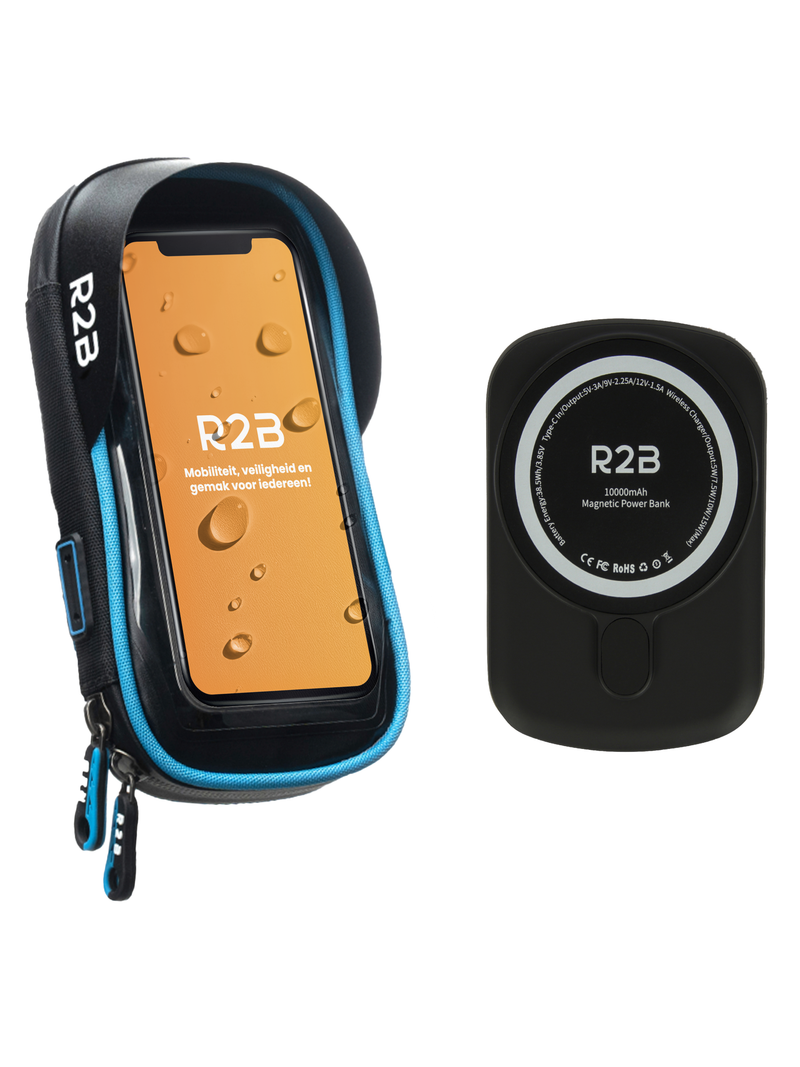R2B Telefoonhouder Fiets, Motor, Scooter + Magsafe Powerbank - Waterdicht & Compact - Zwart/Blauw