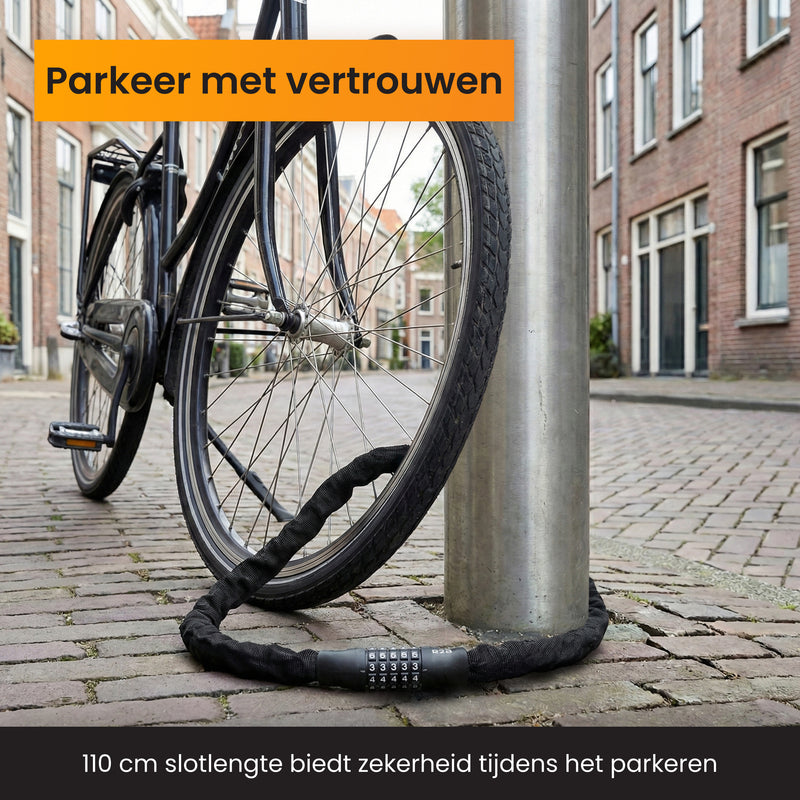 Cijferslot rond een paal waarmee een fiets veilig wordt afgesloten.