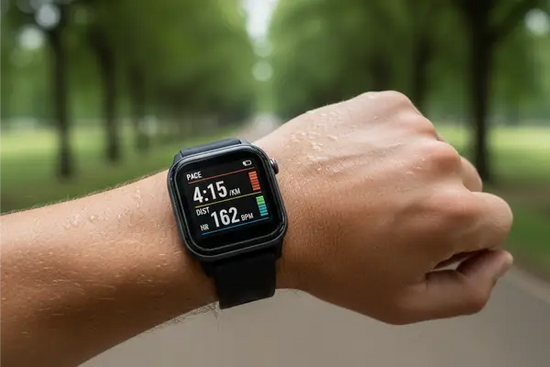 Close up van een smartwatch om de pols van een sporter tijdens het hardlopen, met zichtbaar scherm dat tempo, afstand en hartslag toont