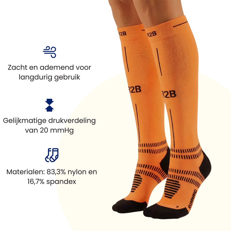 R2B compressiekousen dames oranje met ademend materiaal en gelijkmatige drukverdeling. 