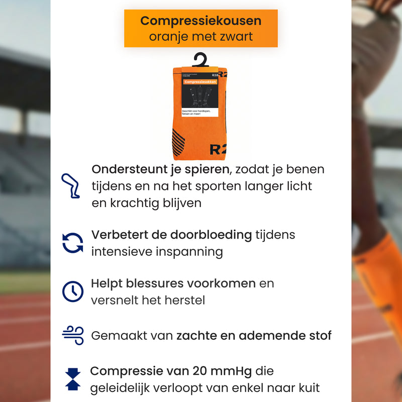 Product foto van R2B compressiesokken met overzicht van de compressiekousen details oranje 