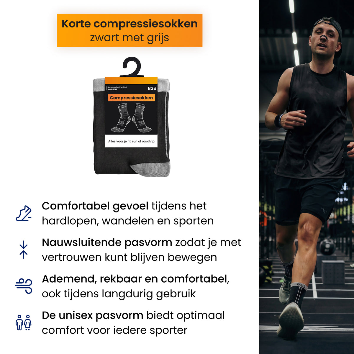R2B Sport Compressiesokken Dames/Heren - Zwart/Grijs
