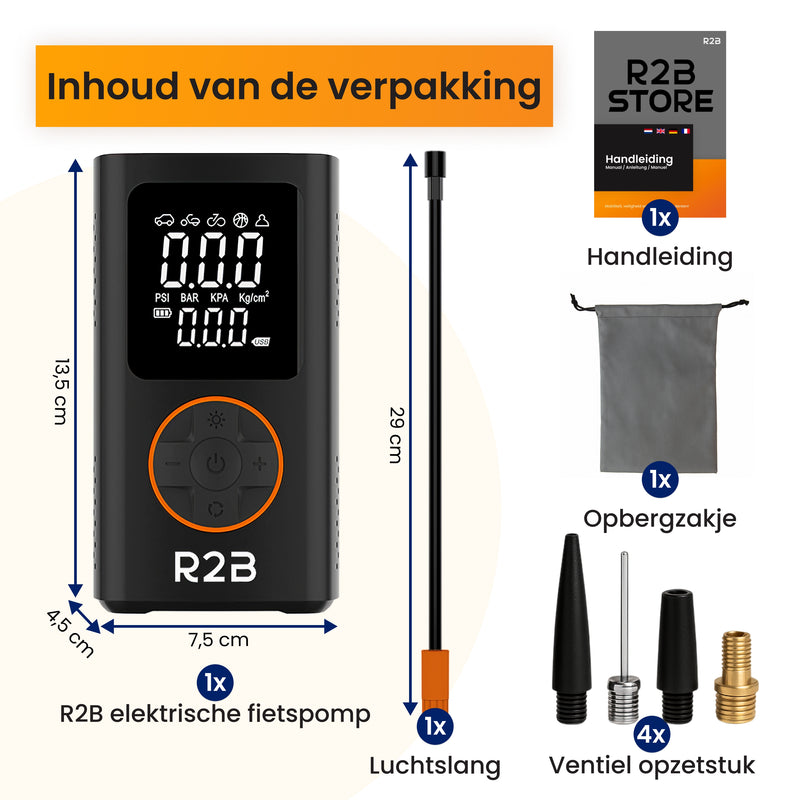 compressor fietspomp die met luchtslang en opbergzak en ventiel opzetstukjes worden gebruikt.