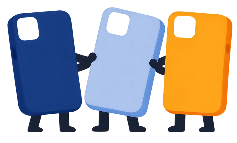 Drie cartoon-stijl telefoonhoesjes in blauw, lichtblauw en oranje met zwarte uitsparingen voor de camera.