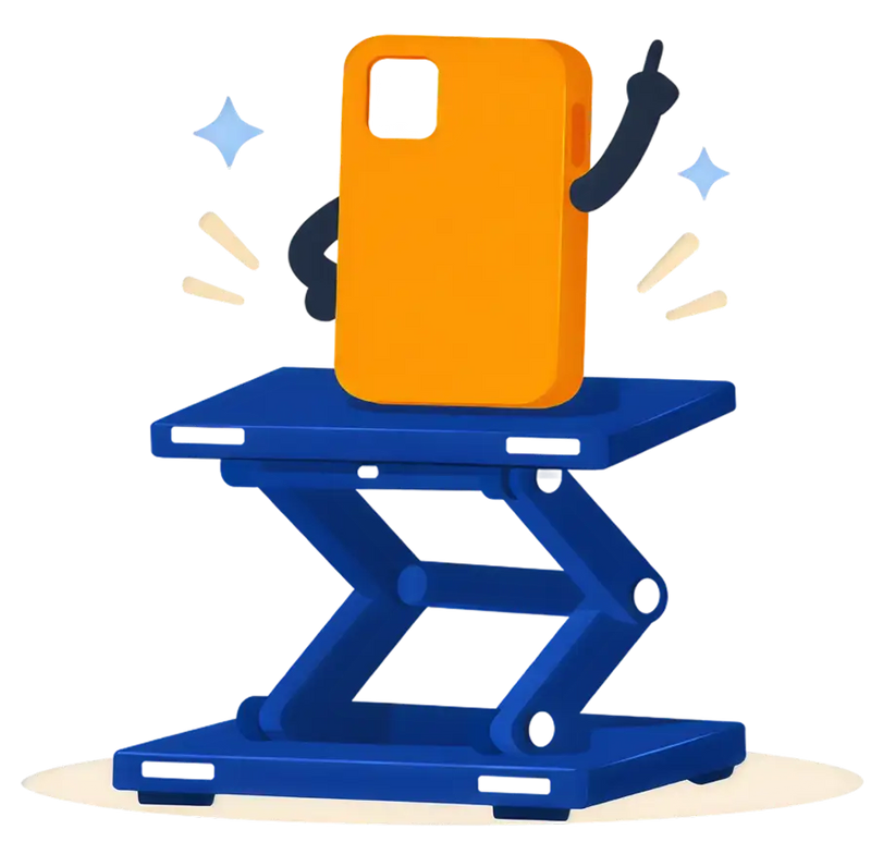 Levendige oranje telefoonhoes met een speels cartoonontwerp, met zwarte armen en stereffecten eromheen.