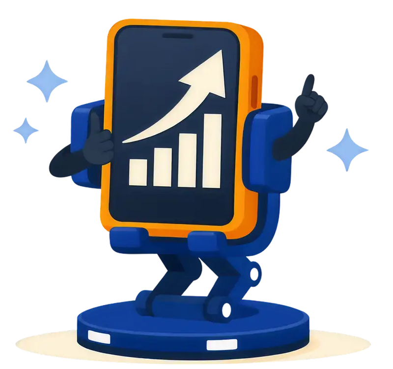 Oranje omlijste smartphone-beeldje met blauwe armen en benen, met een wit opwaarts trending staafdiagram op het scherm.