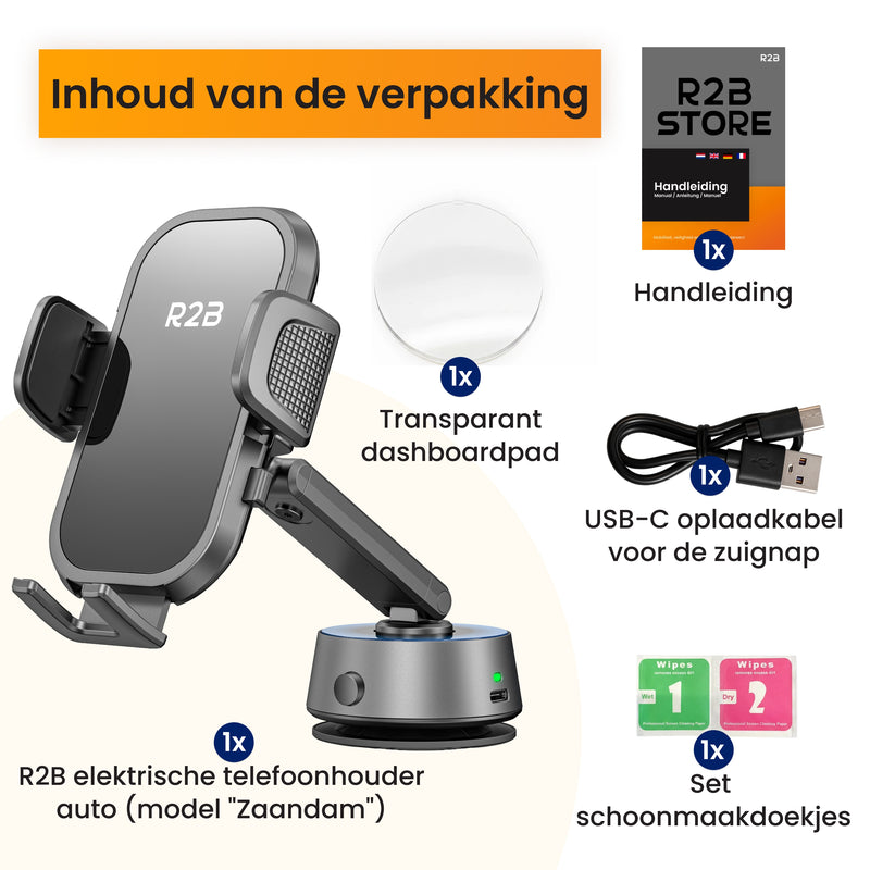 dashboardhouder telefoon met schoonmaakdoekjes en oplaadkabel zuignap