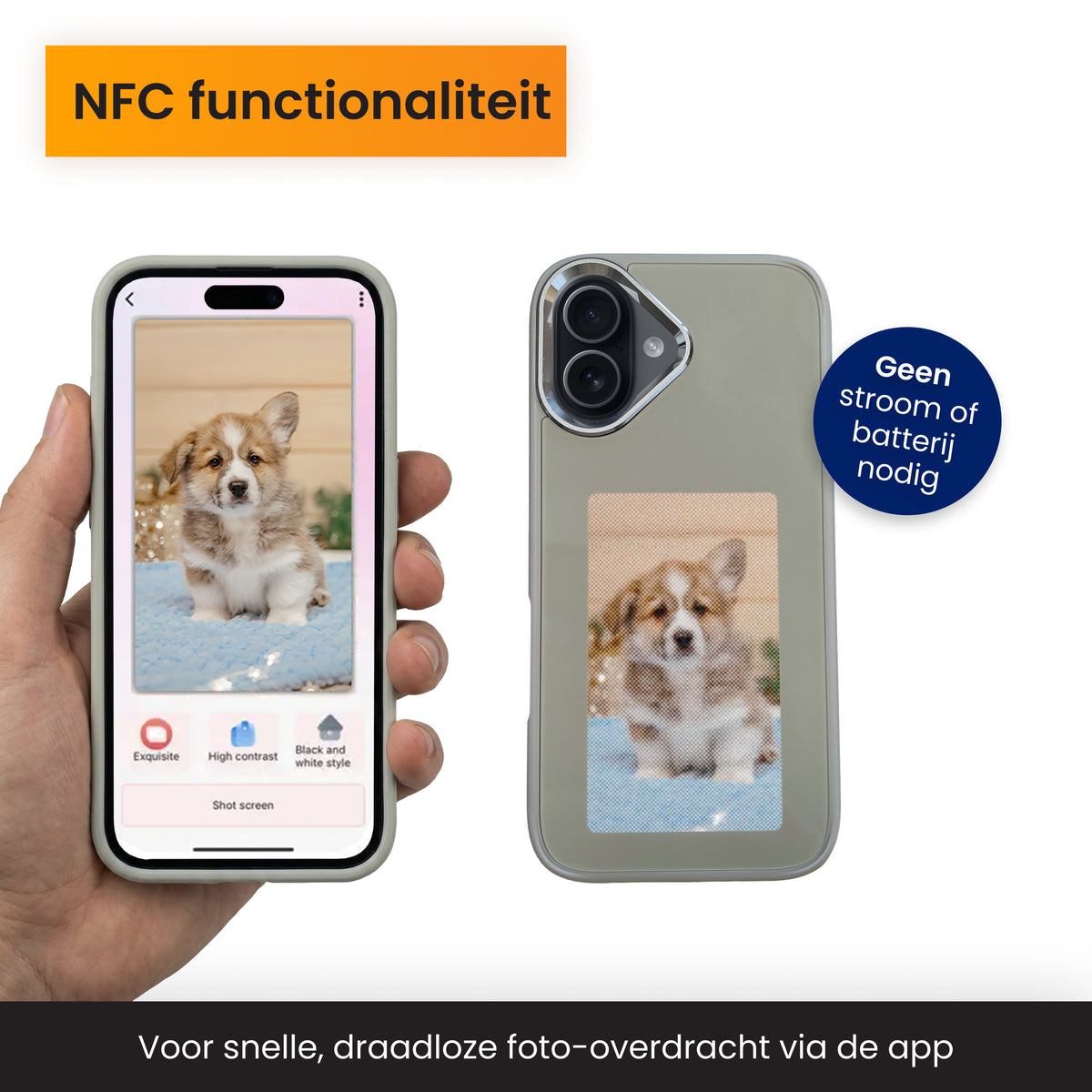 R2B iPhone 16 Hoesje met Foto - Screenprotector - E Ink Display & NFC - Stijlvol & Beschermend - Grijs - Telefoonhoesje