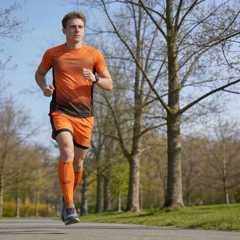Vrouw hardloopt buiten met R2B elastische kousen oranje.