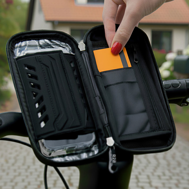 fiets telefoonhouder met ruimte voor het opbergen van pasjes