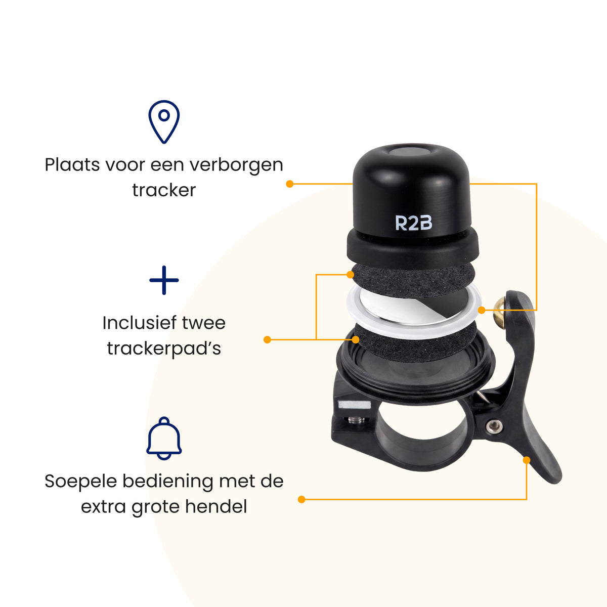 Opengewerkte R2B fietsbel met ruimte voor een verborgen tracker, twee meegeleverde trackerpads en een extra grote hendel.