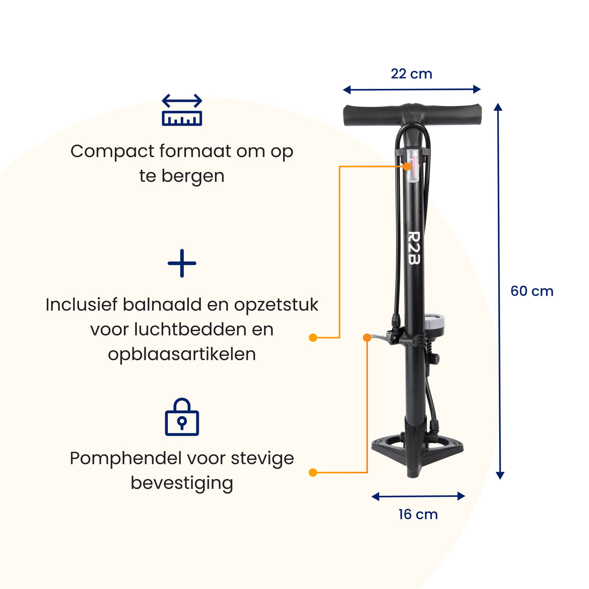 R2B Bike pump with Pressure Gauge - Double Valve Head - Incl. Attachment for Balls &amp; Airbeds