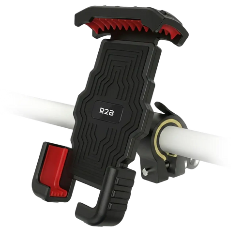Zwarte en rode motortelefoonhouder met textuurgrip, voorzien van een klemontwerp voor een stevige bevestiging aan het stuur.