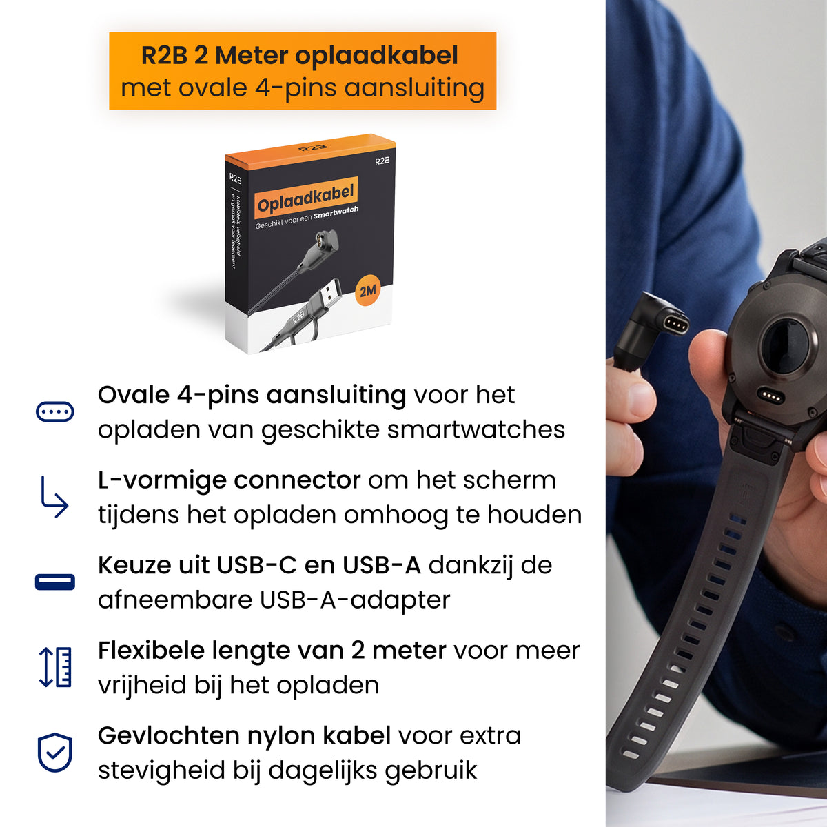 R2B Garmin Oplaadkabel 2 Meter - USB-A & USB-C
