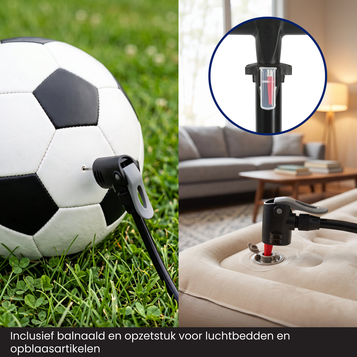 R2B Bike pump with Pressure Gauge - Double Valve Head - Incl. Attachment for Balls &amp; Airbeds