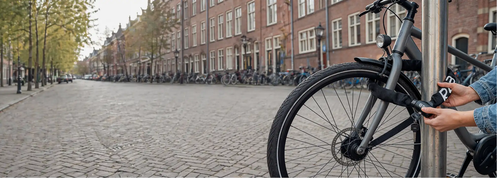 Zwarte fietsslot met een strak, modern ontwerp en een stevige metalen constructie.