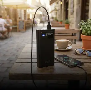 Zwarte rechthoekige draagbare powerbank met een digitaal display en de merknnaam 'pda' op de voorkant.