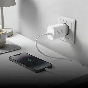 Witte r2b-telefoonoplader aangesloten in een wandcontactdoos, die een zwarte smartphone oplaadt.