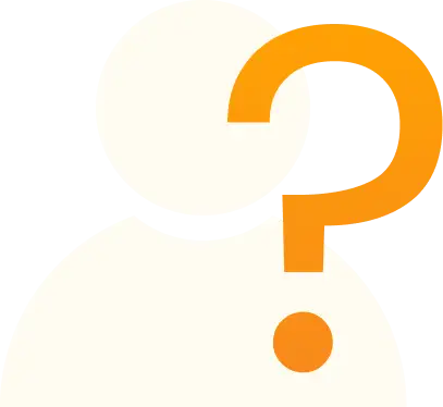 Een minimalistisch wit silhouetpictogram met een vet oranje vraagteken erbovenop.