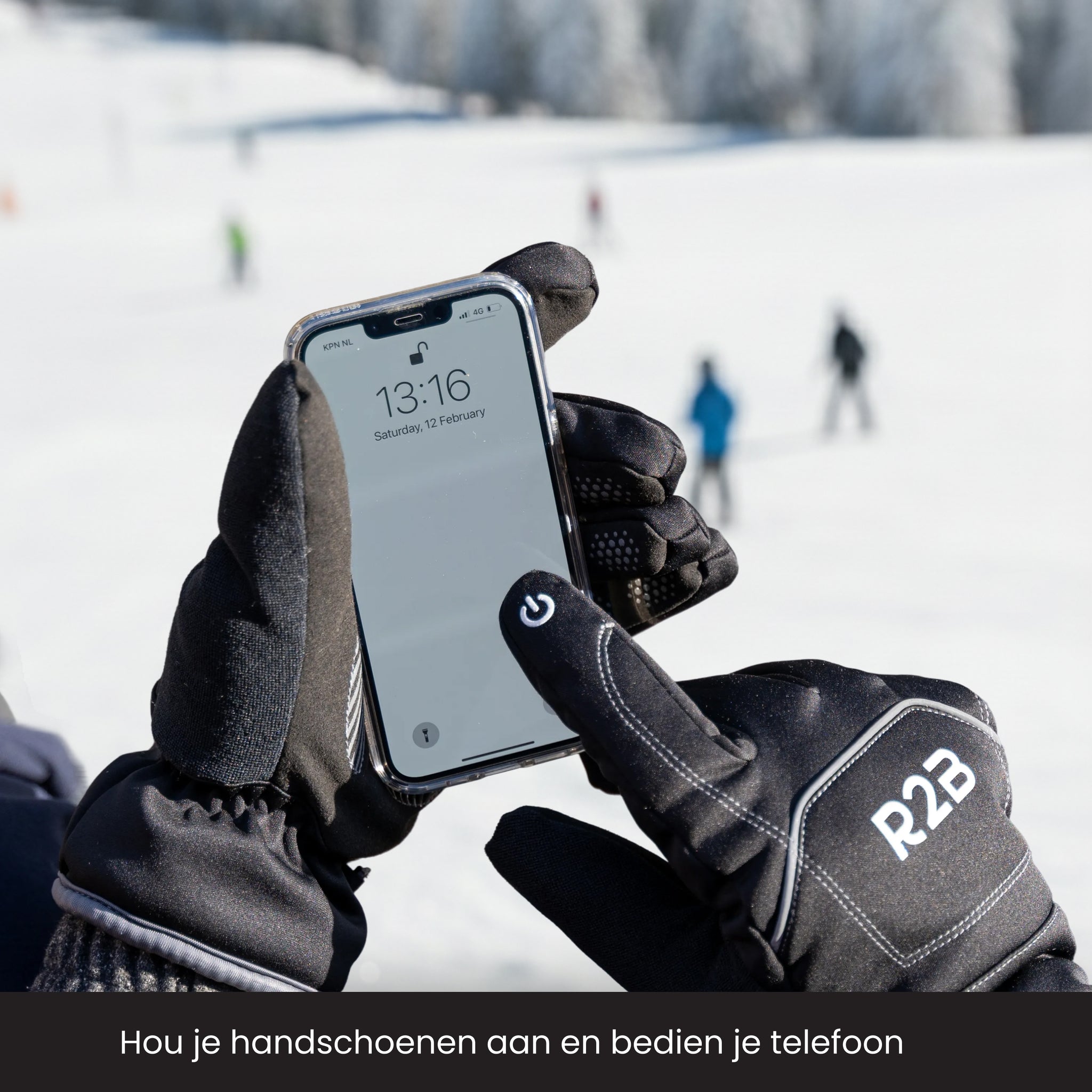 Handschoenen wind en waterdicht waarmee je je telefoon kunt bedienen in de sneeuw.