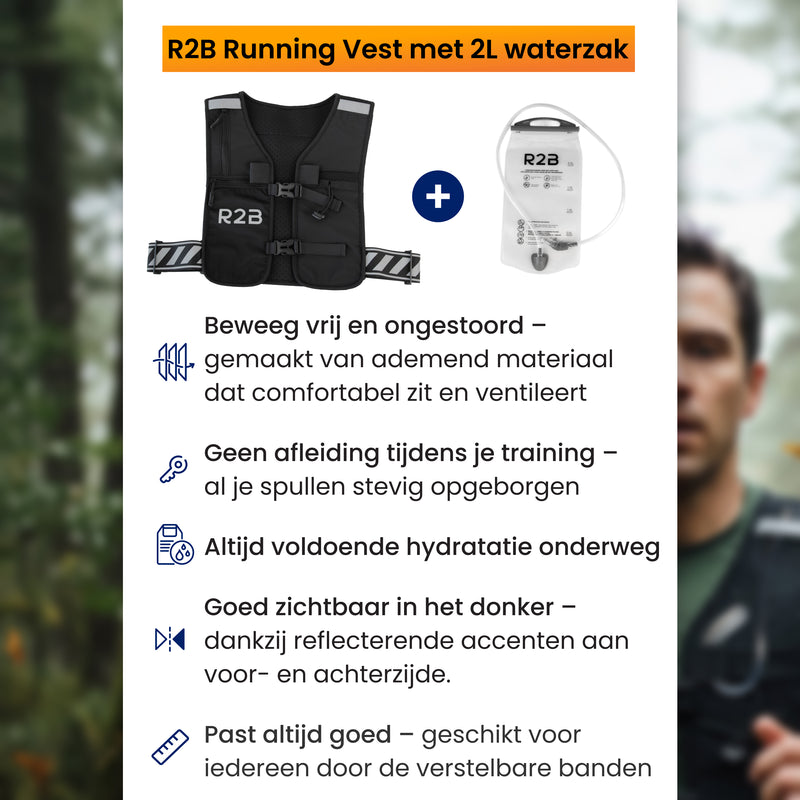 hardloop drinkvest met waterzak en opbergruimte die een universele pasvorm heeft