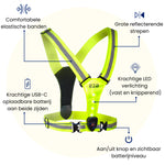 Een hardloop licht vest met uitleg van alle functies