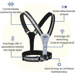 Een hardloop licht vest met uitleg van alle functies