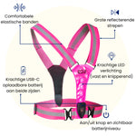 Een hardloop licht vest met uitleg van alle functies