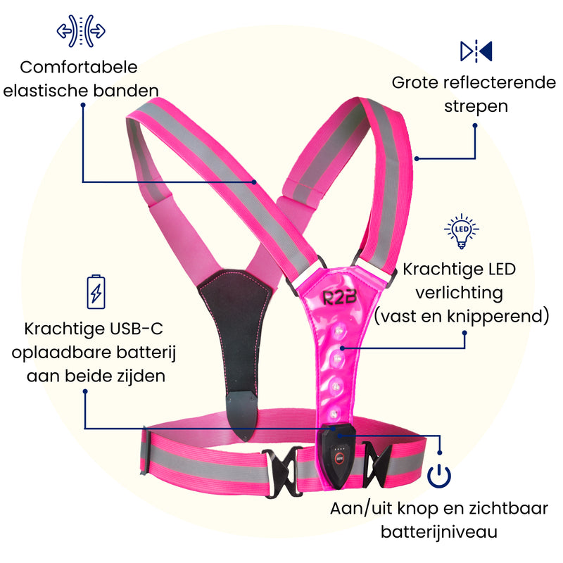 Een hardloop licht vest met uitleg van alle functies