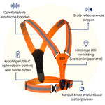 Een hardloop licht vest met uitleg van alle functies