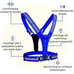 Een hardloop licht vest met uitleg van alle functies